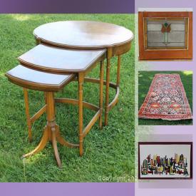 MaxSold Auction: This online auction features artworks, furniture, lamp, collectibles, hanging ceramic garden lights, antique painted glass Pumpkin biscuit jar, table napkins, Portmeirion tea dishes, nesting tables, books, rugs and much more.