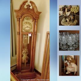 MaxSold Auction: This online auction features a grandfather clock, collectible dolls, figurines, porcelain flowers, porcelain dolls, ceramic standing plaques, canisters and figurine mugs, wall unit, Lenox china, display shelf, rag dolls, upholstered chairs, 2-tiered round display table, doll wicker furniture, marble top coffee table, lamps, Riviera blaupunkt radio, sofa, vases, silver rimmed glassware, jewelry, teacups, music boxes, bureau and much more!