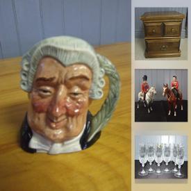 MaxSold Auction: This online auction features artworks, furniture, collectibles, mirror, Beswick, Royal Doulton-"The Lawyer", Roger's Daffodil cutlery, Royal Crown Derby coffee pot, quilt, Bazotti custom cabinet, Johnson Bros. Ironstone dishes, Serger, CDs and DVDs, Kevin Daniels plates, Champagne glass, wine glass and decanter, Bridal Gowns, electric screw driver, souvenir bells, rugs and much more.