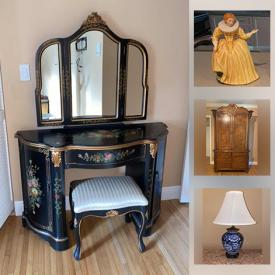 MaxSold Auction: This online auction features artworks, furniture, collectibles, lamps, decor, vases, tapestry, Franklin Mint figurines, vanity, mirror and bench, Christmas decors and platters, kitchen items and much more.