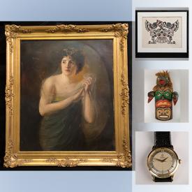 MaxSold Auction: This online auction features Oil Paintings, Carved Masks, Naval Sextant, Birks Clock, Divers Watch, Collection of Vintage Wrist and Pocket Watches, Silver Dollars, Sterling Silver Jewelry and much more!