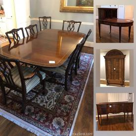 MaxSold Auction: This online auction features an antique secretary cabinet, dining table and chairs, painted cabinet, armchairs, Ikea desk, secretary desk and filing cabinet, sideboard, coffee table, antique two-tier table, hardwood bookcase, round pedestal table, chandeliers, books, decorative plates and much more!