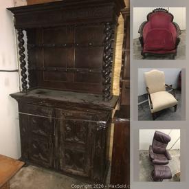 MaxSold Auction: This online auction features a large collection of furniture such as Victorian armchair, Jacobean hutch, maple vanity, Herman Miller Style lounger & Ottoman, regency upholstered armchair and much more.