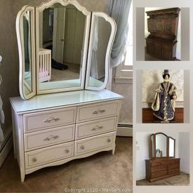 MaxSold Auction: This online auction features a wooden china buffet, entertainment armoire, demilune table, Ethan Allen hutch, sofa, bedroom set, tall dresser, vintage bedroom set, figurines, decor, art, South African wood carvings, rugs, lamps and much more!