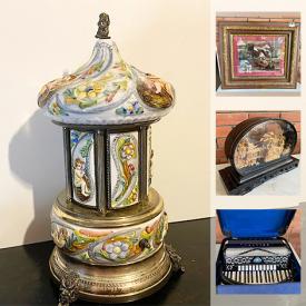 MaxSold Auction: This online auction features stamps, dollar bill collection, binoculars, pottery, cutlery, vintage Florentine wares, antique serving pieces, bag of jewelry, silverplated grape scissors, bridal rose plates, vintage bone china, depression glass, Orrefors art, Guten Morgen and Nacht bisque pieces, Chinese porcelain, art, carpets, brass planter, walnut smokers stand, billiard balls, Chinese hand-carved rosewood marble tabletop, sewing machine, decorative flamingo statue, Chinese carved cork sculpture, figural table lamp and much more!