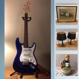 MaxSold Auction: This online auction features a Rolling Stones signed guitar, antique brass lamp, flute, 1983 painting and other art, wedding dress, wood folding table, books, dishes, platters, utensil holders and other kitchen items, toys, vases and decor, backpack, accent tiles, wicker stair basket, Lands End tote, Brother typewriter, office supplies and much more!