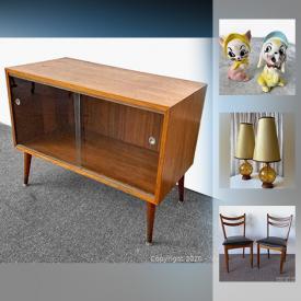 MaxSold Auction: This online auction features furniture such as a mid-century coffee table, side table, gossip table, teak glass sliding door cabinet, tallboy dresser, MCM table, walnut dining chairs, vintage slipper chairs, antique folding bed frame, retro laminate kitchen cabinet and more, amber glass, figurines, pottery, bins, canisters, doll, Melmac style plates, enamelware, vintage CNE posters and much more!