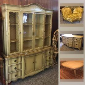 MaxSold Auction: This online auction features a Karastan rug, china cabinet, statue, display hutch, marble top table, coffee table, crackle glass lamp, accent chairs, dining room table and chairs, statue and glass decor, cutlery, glassware, rococo style loveseat and sofa and much more!