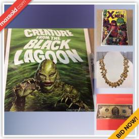 MaxSold Auction: This online auction features collectibles such as Swarovski crystals, signed sports cards, vintage comics such as Spider-man, X-Men, and Tales to Astonish, Star Wars figures and costume swatches, stamp collections, Coca-Cola, vintage advertising, Magic the Gathering cards, art such as signed prints, vintage jewelry, LPs, DVDs, CDs and much more!