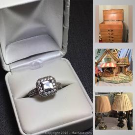 MaxSold Auction: This online auction features sterling jewelry, men's and women's items, costume jewelry, kitchen ware,and serving ware, garden items, Pendelfin, electronics, acrylic ware, linens, craft items, video games, decor, china, baskets, hamper, rugs, throws, sports items, cart and much more!