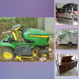 MaxSold Auction: This online auction features a Haulin cargo trailer, John Deere lawn tractor and trailer, cannon, blower, wagons, water fountains. patio furniture, ladder, flower pots, lawn and garden decor, garden tools, tires on rims, air tank, yardcare items, power tools such as an arc welder, router, belt sander, planer, chain saw and more, workmate, tools and grout, fireplace accessories, Bissel cleaner, clothing racks, cabinet stereo, dragon trees, freezer, bbq and much more!