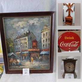 MaxSold Auction: This online auction features artworks, furniture, vintage items, collectibles, 1910 metal German clock, white lawnmower, duck decoy, cardboard coke sign, toys, comics, books and much more.