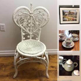 MaxSold Auction: This online auction features a vintage white wicker chair, Gibbard cherry end tables, side table, artificial tree, prints, decor, pedestal sink, accent table, electric typewriter, plush throw, pottery set, ladies watch, purses, cushions, teacups and saucers, teapots, books and much more!