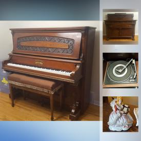 MaxSold Auction: This online auction features an antique glass display cabinet, tiger oak table, tiger oak sideboard, blue chair, piano, books, food container, kitchen items, golf clubs, wicker baskets, linen, training watch, stroller, hangers, toys, vintage typewriter, sandals and much more!