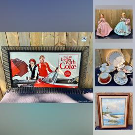 MaxSold Auction: This online auction features coca-cola memorabilia, LEGOs, William Benner original watercolor, Kashmir boxes, mid-century modern glassware, vintage art glass, stinger bug killer, vintage postal covers, vintage wade red rose tea figurines, vintage PYREX bowls, tools, air compressor, antique photo albums and much more!