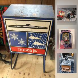 MaxSold Auction: This online auction features antique MOBO horse & buggy, vintage advertising cans, vintage lures, vintage Futurama robot toy, vintage tin toys, vintage die-cast, rock tumbler and much more!