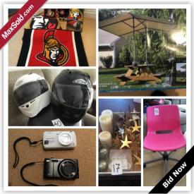 MaxSold Auction: This auction features new Quick Shade Logic canopy mount, BBQ set, Magic Bullet, new England Hooked rugs, linens, solar power charging backpack, camera, helmets, bistro chairs, pink IKEA desk chair, home decor, such as iron sconces, Christmas decor, breaths, candles and more.