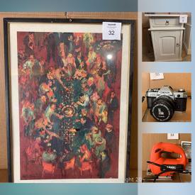 MaxSold Auction: This online auction features wood folding bookcases, shabby chic nightstands, electronics, desk lamp, waffle iron, shoe forms, prints, decor, trays, candlesticks, boxes, plastic storage bins, Elfa storage system, Canon AE-1 camera, tote bags, adult coloring books, yoga mat, popcorn maker and much more!