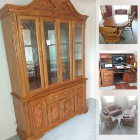 MaxSold Auction: This online auction features a large collection of furniture such as dining room set, Oak China hutch, sofa, loveseat, coffee table, king-size bed, Oak roll top desk and a full-size sleeper sofa.