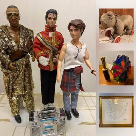 MaxSold Auction: This online auction features barbies, Gene Simmons figure, Steiff hedgehogs and ride on bear, Star Wars poster, nesting dolls, elephant collectibles, pottery, decanter, marionette, wood hall table, armoire, bowling bag, figurines, lithographs, art, MC Hammer and much more!