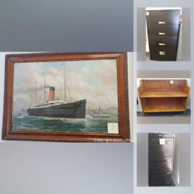 MaxSold Auction: This online auction features a Thomas Line print, cartoon poster, file cabinets, office chairs, fake fig tree, fridge, rocker, side chair, pine shelf, office desks, printer and fax, easel, toaster, file trays, mail scale and much more!