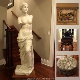 MaxSold Auction: This online auction features Statue, Tapestry with wooden rod, Ethan Allen New Chairs, Mirror and Ethan Allen entry cabinet.