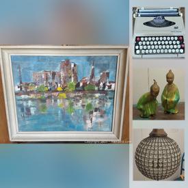 MaxSold Auction: This online auction features original artworks, collectibles, mid-century furniture, lamps, vintage items, kitchenware, vintage Belgium enameled cast-iron, midcentury silver Rim glasses, Vintage stereo gear, Retro set, Staffordshire, typewriters, brass candelabras, coca-cola crate, Ceramic Chinese figurines, books and much more.