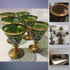 MaxSold Auction: This online auction features a leather chair, side table, queen headboard, vintage items, tea set, silverplate, mirror, sink and stone counter, dinner plates, glasses, iron table base, kitchen light with pot rack, lantern lights, vintage linen and much more!