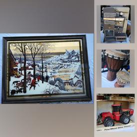 MaxSold Auction: This online auction features framed art, craft supplies, sports equipment, NIP linens, collectible Tractor, tin signs, small kitchen appliances, power tools, microscope set, comics, Himalayan salt lamp, hand tools, Anvil, Djembe drums, gardening equipment and much more!