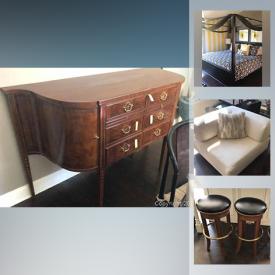 MaxSold Auction: This online auction features furniture such as Stanley armoire, Crate and Barrel canopy bed, West Elm seating, mahogany veneer buffet, dining tables, lacquer cabinet, entertainment accessories such as crystal glasses, modern decor including artwork, lamps, vases, signed tiles, sterling silver collectibles, Lenox pieces, mini-fridge and dehumidifier, garage and workshop tools, Christmas decorations, outdoor camping gear, children's furnishings and sports equipment, car rims for Jeep and much more!