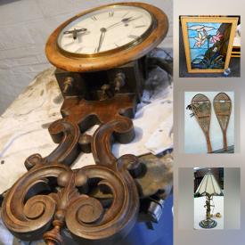 MaxSold Auction: This online auction features a German Gothic carved wood wall clock, lamps, paintings, tool chest with tools teapots, toy games, antique wood snowshoes, carved wall shelf, books, LPs and much more!