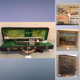 MaxSold Auction: This online auction features items going back before the war that sellers family collected while stationed in Thailand, including the Wooden Airplane Propeller from a plane they flew! Other items include C G Conn Trumpet, W Norton painting, Pearl Harbor Honolulu Newspaper, Vintage Capiz Lamp, Three Vintage Paintings, Vintage Thai Temple Rubbing, Metal Standing Buddha, Carved Wooden Figures, Alpaca Hide Decorative Hangings, Model Boat, Teak Elephant and much more!