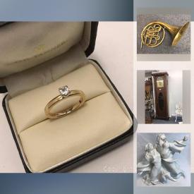 MaxSold Auction: This online auction features gold rings, quilt rack, prints, teapots, rocking horse, linen, tea wagon, cement dog, vintage hanging lamp, vintage coffee grinders, dolls, jade pieces, silverplated basket, grandfather clock, diamond ring, vases, pendant, candleholders, lamp bases, figurines and much more!