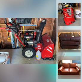 MaxSold Auction: This online auction features grandfather clock, collectibles such as fine bone china, silver plate items, and Topps baseball cards, furniture such as Armoire, Lane cedar chest, dresser with mirrors, and leather-style sofa, art such as framed prints, signed painting, and photography, home decor, bookcases, books, table lamps, Saturn telescope, area rugs, office supplies, floor globes, cabinets, shelving, Kioritz power washer, hand tools, Troy Bilt snowblower and much more!