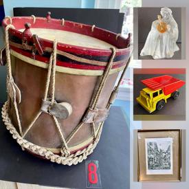 MaxSold Auction: This online auction features glazed pottery, a military drum, guitar, etched glassware and vases, signed and first edition books, Saint Louis figurines, collector's plates, unique lamps, silver and brass accessories, matchbox cars, tackle and jewelry storage, prints and much more!