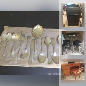 MaxSold Auction: This online auction features Lenox, antique car lamp, set of crystal glasses and Sterling, side tables, dining room chairs, electronics, office supplies, tea sets, kitchenware, desk and chair, vanity and side table, miniature loom, art and mirrors, slate pieces, planters, bookcases and much more!