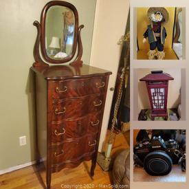 MaxSold Auction: This online auction features antique mahogany Lingerie chest, art glass, Waterford lamps, antique mahogany tables, Limoges collector boxes, vintage Konica cameras, solid Cherry dresser and much more!