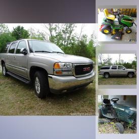 MaxSold Auction: This online auction features a 2005 GMC Yukon, steamer trunk, work bench, solders kit, mirror, tables, glassware, crystal, steel shelving units, cameras, folding wheelchair, vinyl records, breadmaker, vases, household supplies, tools, car care items, riding mower, garden tool and much more!