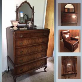 MaxSold Auction: This online auction features gold jewelry, white gold stickpin, Chippendale china cabinet, mahogany dome curio, mahogany table, vase, lane cedar chest, file cabinets, lamp table, walnut dresser, mahogany cased radio, wingback chairs, china cabinet, linens, household items, TV, dolls, bear tea party, bookshelf, books, wall art, Chippendale dining room table and chairs, kitchen items, dishware, oak icebox, lawnmower and much more!