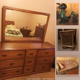 MaxSold Auction: This online auction features blue mountain pottery, barware, depression glass, furniture such as an end table, nightstand, coffee and end tables, microwave stand, chairs, china cabinet, hall bench, loveseat and much more!