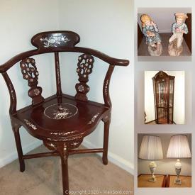 MaxSold Auction: This online auction features furniture such as bookshelf storage, marble top end tables, Heritage console side table, wooden rotating stools, Ethan Allen, wood kitchen table, antique ornate leaf table, Italian chairs, glass table and more, kitchenware, vintage vanity items, mini dollhouse furniture, decorative masks, art, decor, china, vintage dolls, artificial plant, BBQ grill and much more!