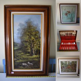 MaxSold Auction: This online auction features original watercolors, artwork, wood decor, vintage pyrex, coins, oil on board, prints, silverware, antique oil lamps, wicker mats, books, dishes, shoes, decor and much more!