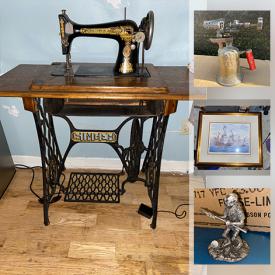 MaxSold Auction: This online auction features a singer vintage sewing machine table, vintage hat box, framed portraits, grandfather clock, stoneware, porcelain doll, tennis rackets, wall mirror, stained glass, collectors figurines, vintage hair comb, vintage books, action figures and much more!