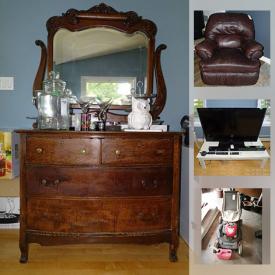 MaxSold Auction: This online auction features an antique tea server, mirrored dresser, vintage sideboard, custom couch by Architect Images, coffee table, side table, LG TV, unique floor lamp, table, games, dehumidifier, leather recliner, patio furniture, pots, lawnmower, handcart, patio set and much more!