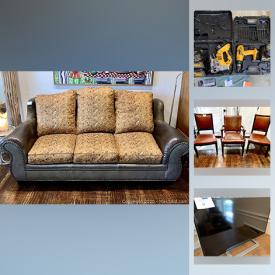 MaxSold Auction: This online auction features tools such as a drill, jigsaw, painters tools, hand tools and more, rustic iron coat rack, pool chairs, table lamp, microwave, fireplace screen, wood dresser, rustic couch, antique hanging light fixtures and much more!