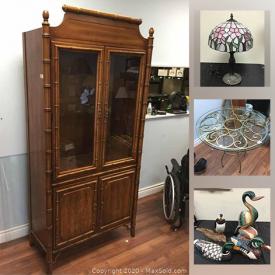 MaxSold Auction: This online auction features Limoges dinnerware, Inuit sculpture, silver jewelry, original artwork, vinyl records, Swarovski crystal, silverplate cutlery, art, wheelchair, tools, tool cabinet, rug, lamps, kitchen items, rattan chair and side table, wrought iron table and much more!