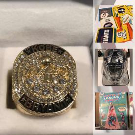 MaxSold Auction: This online auction features sports memorabilia such as baseball, basketball, Hockey, golf cards, action figures, replica rings, vintage comics, Superhero cards, star trek cards, Hockey jerseys and much more!