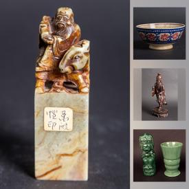 MaxSold Auction: This online auction features antique Asian carving, Chinese hand-painted urns, antique Chinese cloisonne plates, vintage Chinese figurines, trinket boxes, collectors plates, stamps, blue mountain pottery, music boxes, Asian geisha tapestry and much more!