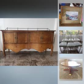 MaxSold Auction: This online auction features mantle clocks, adjustable table, oak chairs, vintage table with stools, pots, antique buffet, dishware, art, prints, office chair and printer, workstation, art supplies, record album holder, camera, typewriter and much more!