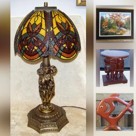 MaxSold Auction: This online auction features stained glass dragonfly Lamps, MCM lighting, antique Bohemian decanter, Katherine Branov Serigraph, art glass, wood carvings, art pottery, vintage wall art, Fencing mask, Nippon chocolate pot and much more!